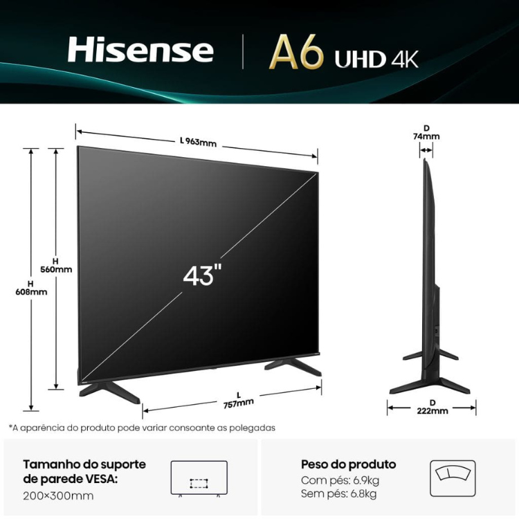 Televisão Hisense A6Q (2025) Smart TV 4K LED 43"