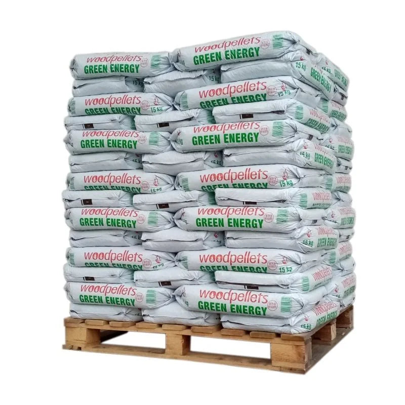 ENERGIA VERDE Pellets de Madeira Certificados ENplus A1 e DIN Plus Palete 65 Sacos x 15 kg Alto Rendimento