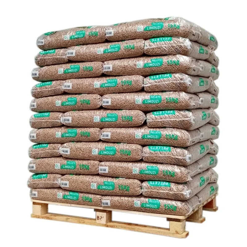 Pellets de Madeira Certificados LIMOUZI 100% Resinosos Palete 66 Sacos x 15 kg Cinza Ultra Baixa ≤ 0,3% Alto Rendimento