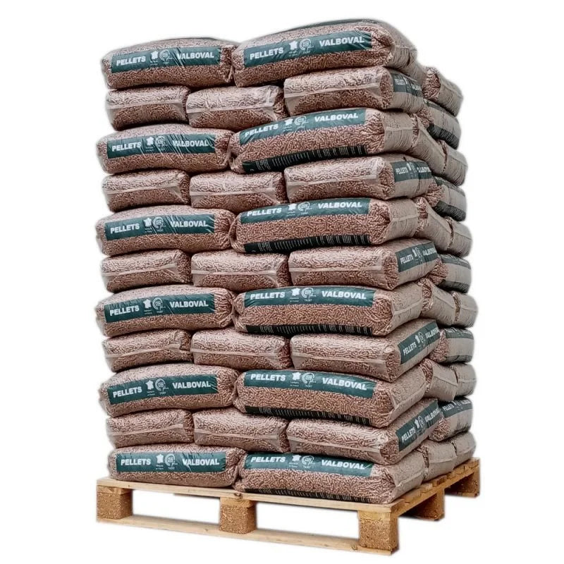 VALBOVAL Pellets de Madeira Resinosa Virgem Sem Casca Certificados Palete 65 Sacos x 15 kg Alto Poder Calorífico