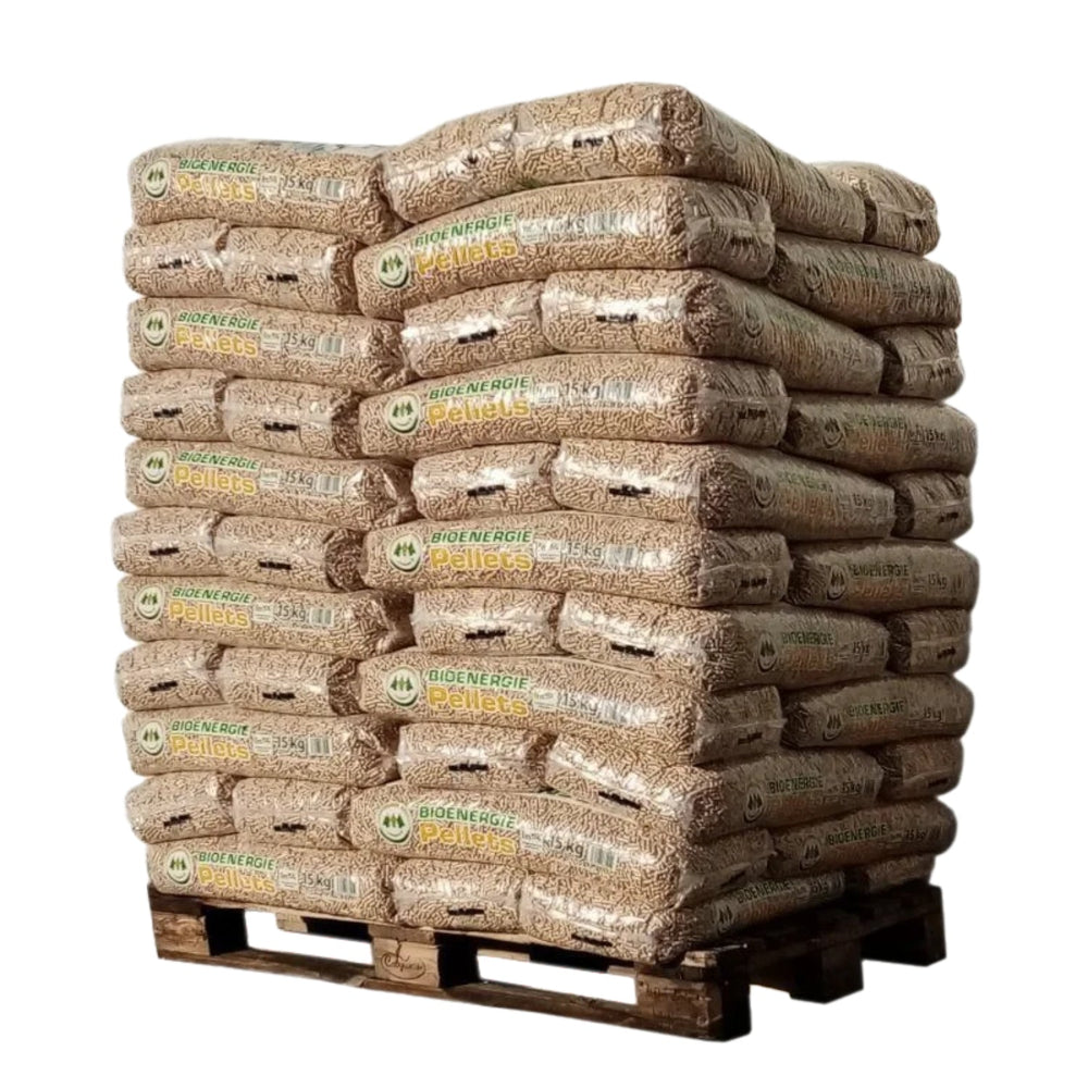 BADGER Pellets de Madeira Certificados ENplus A1 e DIN Plus Palete 65 Sacos x 15 kg Cinza Ultra-Reduzida