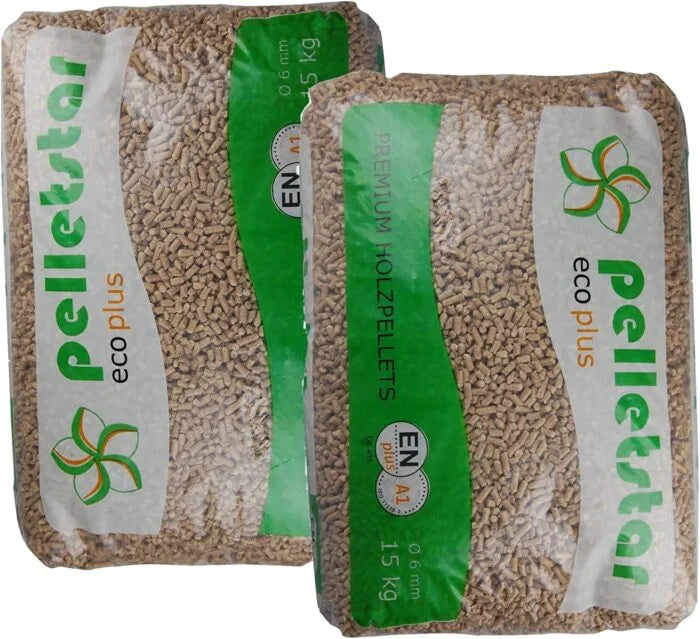 PELLETS DIN Pellets de Madeira Certificados ENplus A1 Palete 65 Sacos x 15 kg Elevado Poder Calorífico e Baixo Teor de Cinzas