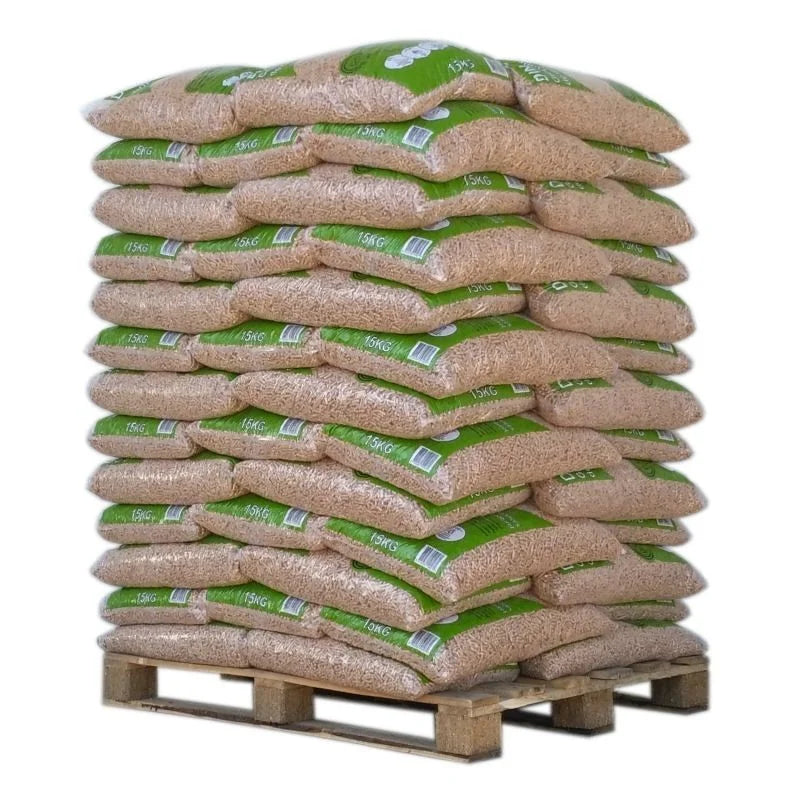 PELLETS DIN Pellets de Madeira Certificados ENplus A1 Palete 65 Sacos x 15 kg Elevado Poder Calorífico e Baixo Teor de Cinzas